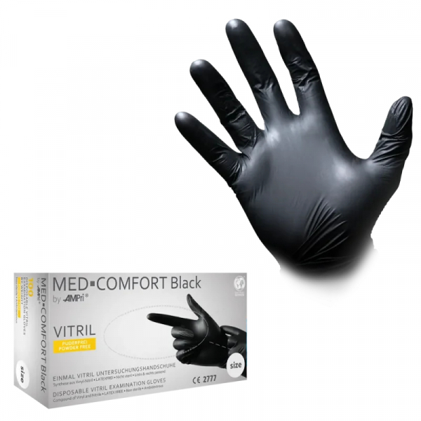 AMPRI-Einweg-Black-Vitril-Untersuchungshandschuhe, MED COMFORT, puderfrei, unsteril, VE = Pkg.  100 Stck, schwarz
