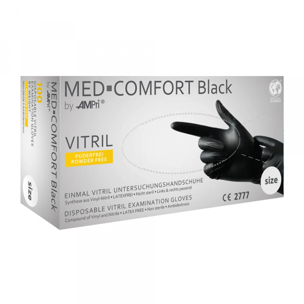 AMPRI-Einweg-Black-Vitril-Untersuchungshandschuhe, MED COMFORT, puderfrei, unsteril, VE = Pkg.  100 Stck, schwarz