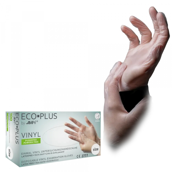 AMPRI-Hand-Schutz, Einweg-Vinyl-Einmal-Untersuchungs-Handschuhe, ECO PLUS, puderfrei, unsteril, Pkg  100 Stck, VE = 10 Pkg, wei