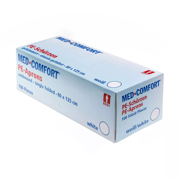 AMPRI-Einweg-PE-Schrzen, Einmalschrzen, MED COMFORT, gehmmert, 80 x 125 cm, VE = Pkg  100 Stck, wei