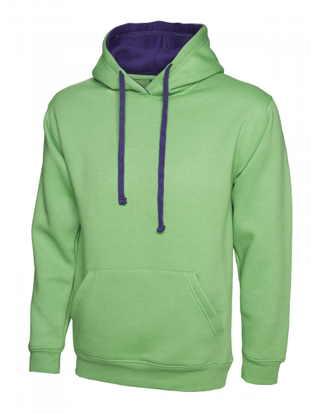 Uneek-Clothing-Contrast Hooded Sweatshirt, lime/purple
