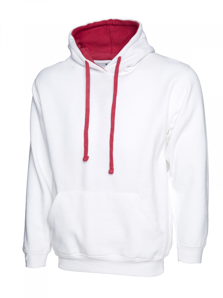 Uneek-Clothing-Contrast Hooded Sweatshirt, weiss/fuchsia