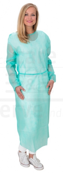 WIROS-Jobwear, Einweg-Vlies-Kittel, Einmal-Mantel, Schutzkittel, PE Laminierungan Armen & Frontpartie, Gummizugb�ndchen, gem�� EN 14126, 140 x 130 cm, Pkg � 10 St�ck, VE = 100 St�ck, gr�n