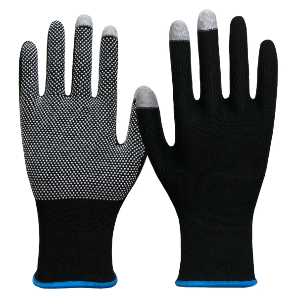 NITRAS-Strickhandschuhe, Smart-Swipe, Baumwolle/Elasthan, Farbe: schwarz, weie PVC-Noppen auf Innenhand