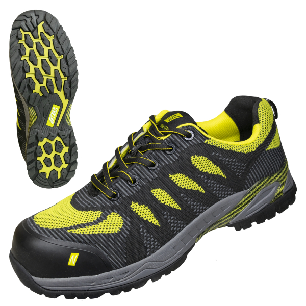 NITRAS PRO STEP , S1P Sicherheitshalbschuhe, strapazierfähiges Textil, schwarz / lime, nahtloses Obermaterial, widerstandsfähige Nitril / TPU-Laufsohle, schwarz / lime, EN ISO 20345, DGUV Regel 112-191