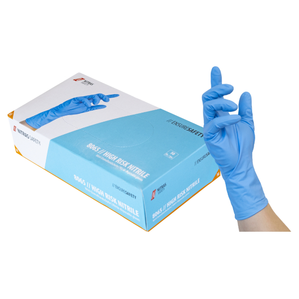 NITRAS HIGH RISK NITRILE, Nitril-Einmalhandschuhe, blau (Farbcode: 2200), unsteril, Rollrand, puderfrei, hervorragende Passgenauigkeit, besonders robust, fr Lebensmittelkontakt, beidseitig tragbar (linke und rechte Hand), mikrogeraute Fingerspitzen,