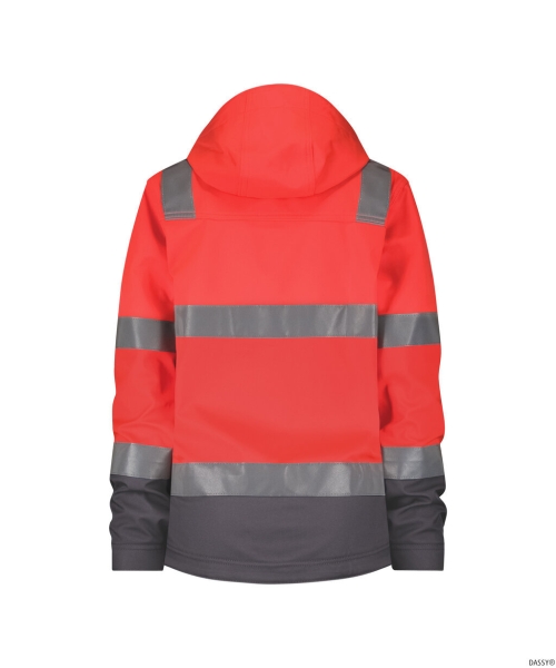 DASSY-Damen-Warnschutz-Softshelljacke, MALAGA, neonrot/zementgrau