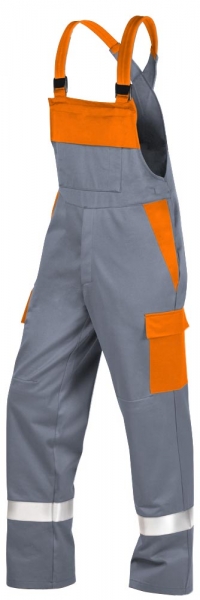 Teamdress-PSA, Gieerei/Schweier-Latzhose mit Bein- und Knietaschen, Reflexstreifen, grau/orange