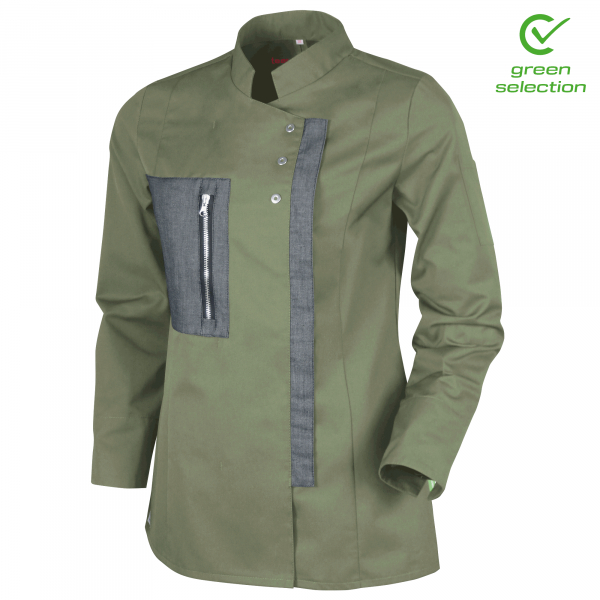 Teamdress-Naomi-Damen-Kochjacke, oliv/schwarz Denim