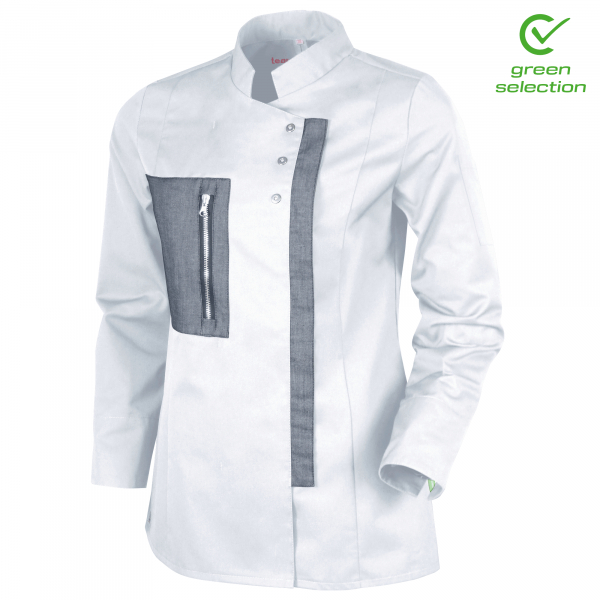 Teamdress-Naomi-Damen-Kochjacke, weiß/schwarz Denim