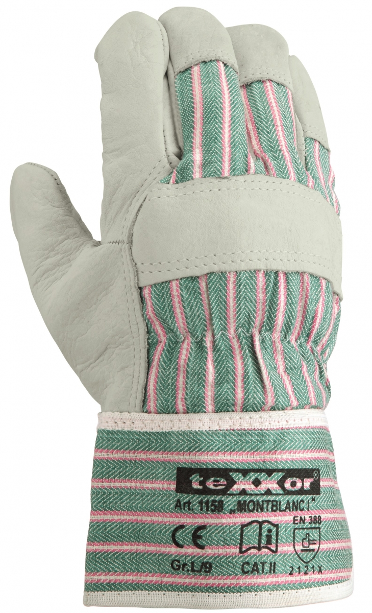 BIG-TEXXOR-Rindvoll-Leder-Arbeits-Handschuhe, Montblanc I, natur, blau/gelb gestreifter Drell