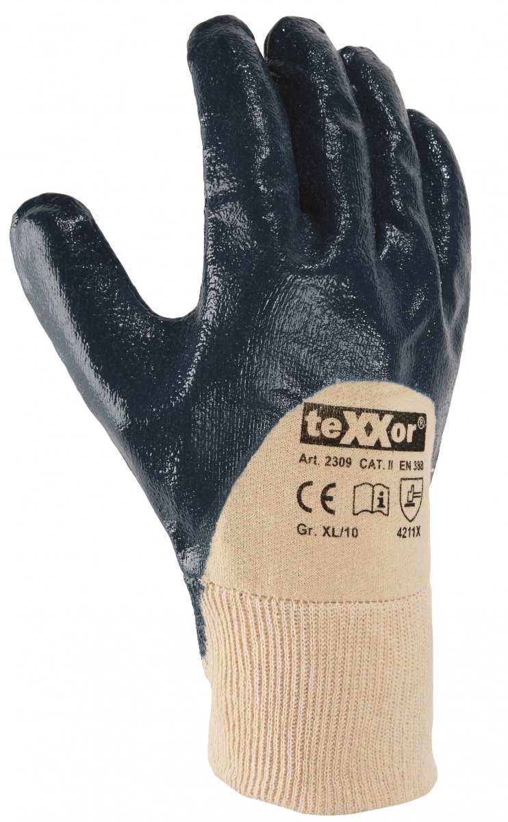 BIG-TEXXOR-Nitril-Handschuhe, Strickbund, beige/blau